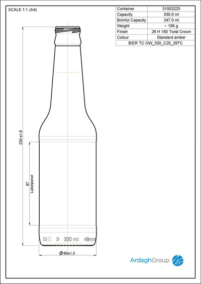 330ml Amber Glass Oneway Beer Bottle - Ardagh