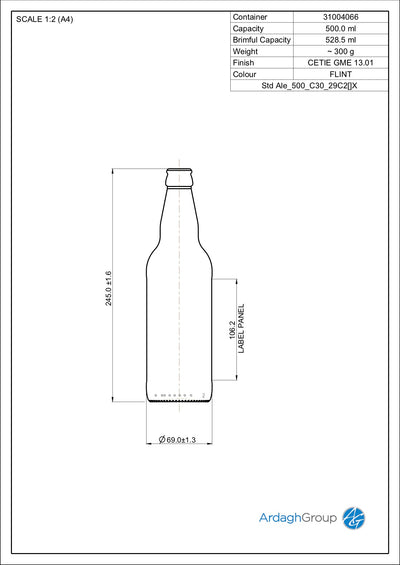 500ml Flint Glass Ale Oneway Beer Bottle - Ardagh