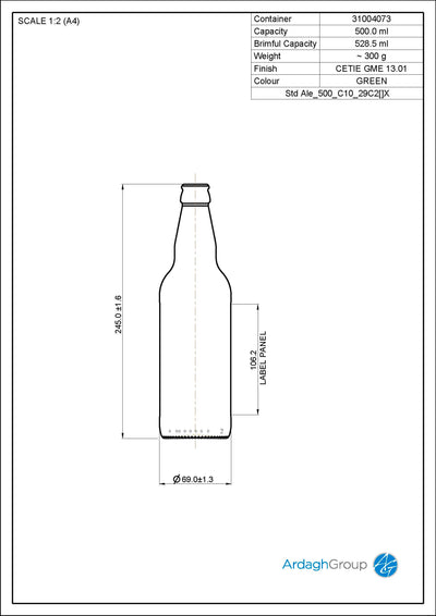 500ml Green Glass Ale Oneway Beer Bottle - Ardagh