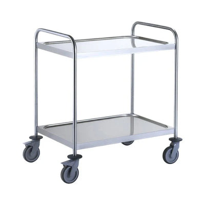2 Tier Stainless Steel Trolley – 304 Grade with Dished Shelves & Braked Castors