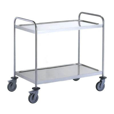 2 Tier Stainless Steel Trolley – 304 Grade with Dished Shelves & Braked Castors