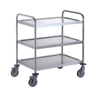 3 Tier Stainless Steel Rectangular Trolley – 304 Grade with Dished Shelves & Braked Castors