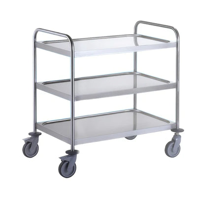 3 Tier Stainless Steel Rectangular Trolley – 304 Grade with Dished Shelves & Braked Castors