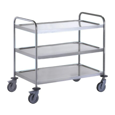 3 Tier Stainless Steel Rectangular Trolley – 304 Grade with Dished Shelves & Braked Castors