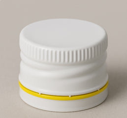 28mm T/E White Cap with Yellow Band – Polycone Lined, Tamper-Evident Seal