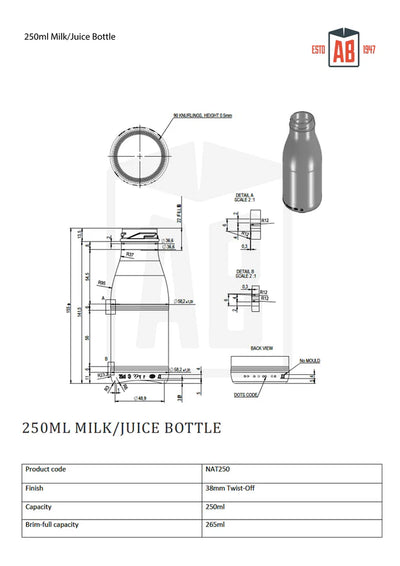 250ml Clear Glass Milk & Juice Bottles – 38mm Twist-Off Neck | Pallet of 1,398 Units