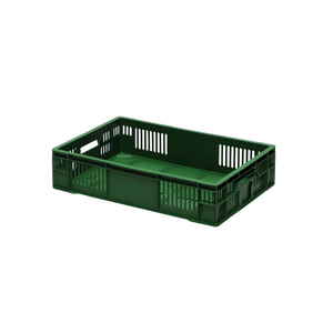 Green perforated 26 litre virgin HDPE agri crate measuring 600x400x140mm