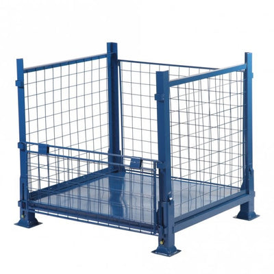 Collapsible Cage Pallet - Blue Steel Mesh Four-Piece Stacking Pallet Converter