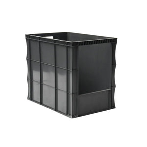 Grey 100L open front Euro plastic stacking box measuring 600x400x500mm