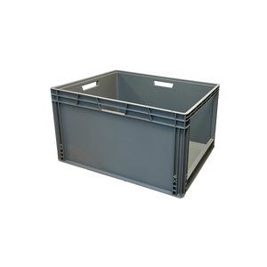Grey 185 litre Euro plastic stacking box with grab opening measuring 800x600x445mm
