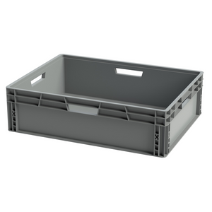 Grey Euro plastic stacking tray 800x600x230mm 92L with closed sides and 4 open handles
