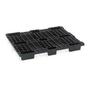 Black recycled plastic nestable pallet 1200x1000x125mm with open gridded deck and 9 legs