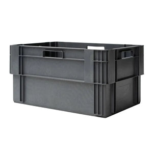 Grey 60 litre stack and nest polypropylene container with solid base measuring 600x400x300mm