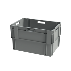 Grey 65 litre stack and nest polypropylene storage crate measuring 600x400x360mm