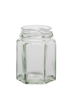 110ml clear hexagonal glass jar with 48mm twist-off neck finish