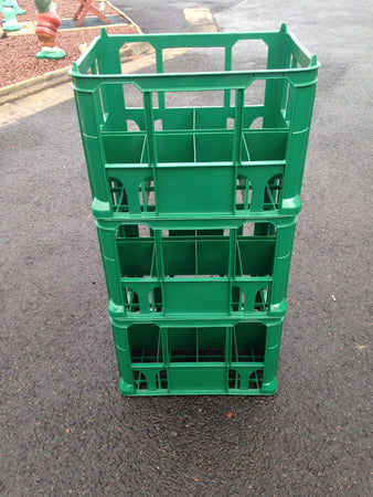 Stacked Green Milk Crates to Hold 8 x 2ltr Milk Bottles or Cartons