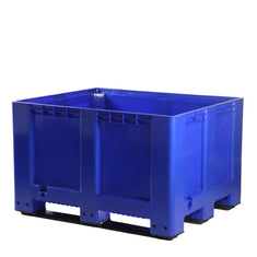 blue plastic storage box with 3 skids
