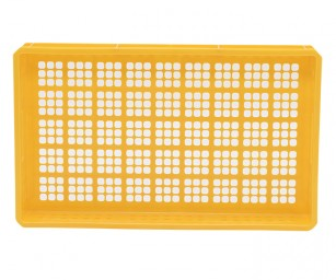 stackable mesh plastic bread & meat tray in yellow (bottom view)